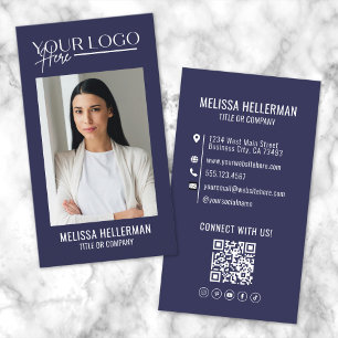 Moderne Navy Blauwe Professionele QR Code Foto Log Visitekaartje