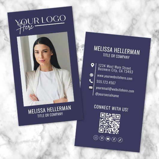 Moderne Navy Blauwe Professionele QR Code Foto Log Visitekaartje