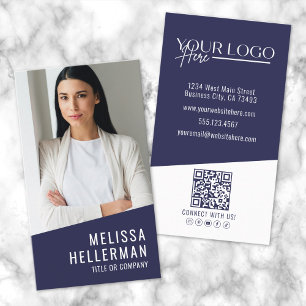 Moderne Navy Blauwe Professionele QR Code Foto Log Visitekaartje