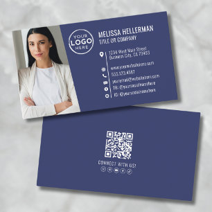 Moderne Navy Blauwe Professionele QR Code Foto Log Visitekaartje