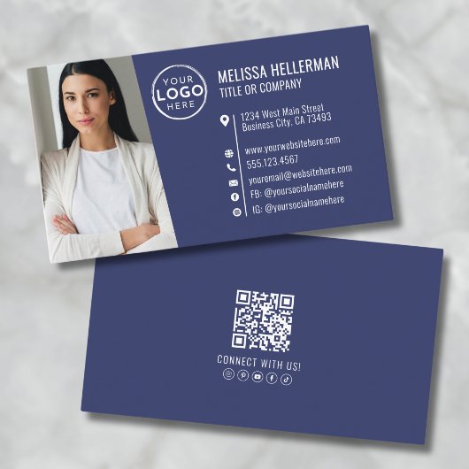 Moderne Navy Blauwe Professionele QR Code Foto Log Visitekaartje