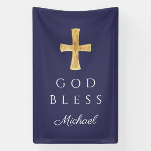 Moderne Navy Blauwe Religieuze Kruis Jongen God Ze Spandoek