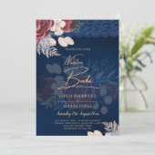 Moderne Navy Blauwe Rode Florale Kant Bruiloft Kaart (Staand voorkant)