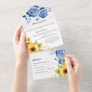 Moderne Navy Blauwe Roos En Zonnebloem Huwelijk All In One Uitnodiging
