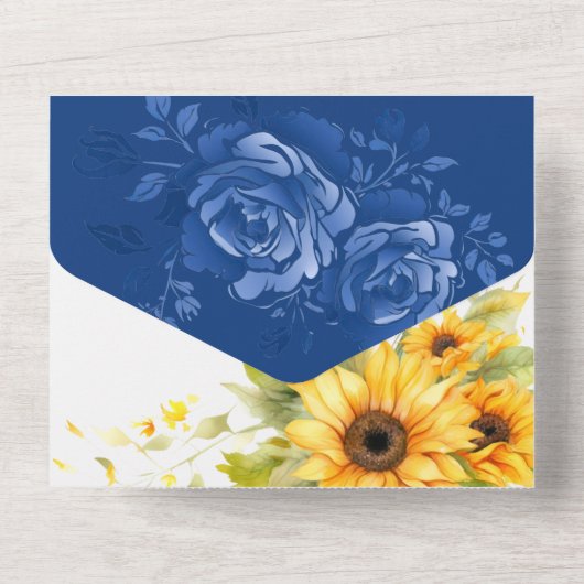 Moderne Navy Blauwe Roos En Zonnebloem Trouwdag All In One Uitnodiging (Achterkant)