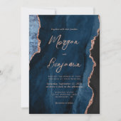 Moderne Navy Blauwe Roze Gouden Agaat Script Trouw Kaart (Voorkant)