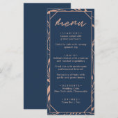 Moderne Navy Blauwe & Roze Gouden Bloemige Bruilof Menu (Voorkant / Achterkant)