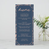 Moderne Navy Blauwe & Roze Gouden Bloemige Bruilof Menu (Staand voorkant)