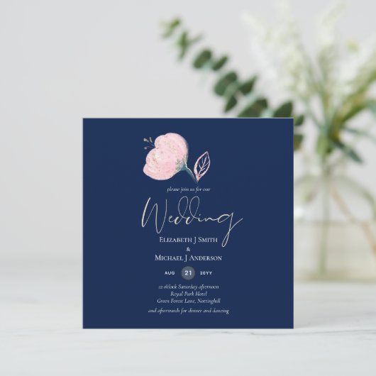 Moderne Navy Blauwe Roze Gouden Trouwbudget (Staand voorkant)