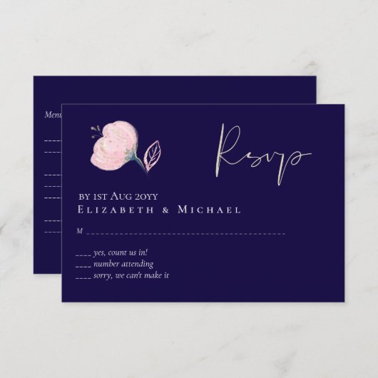 Moderne Navy Blauwe Roze Gouden Trouwbudget RSVP Kaartje (Voorkant / Achterkant)
