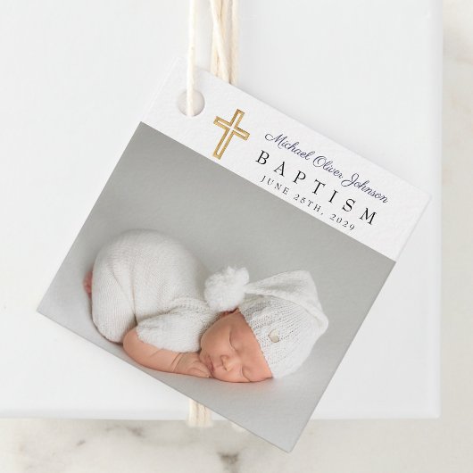 Moderne Navy Blauwe Script Foto Doop Bedankjes Labels