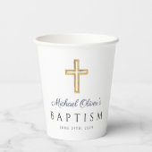 Moderne Navy Blauwe Script Jongens Doopfeest Papieren Bekers (Achterkant)