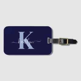Moderne Navy Blauwe Script Monogram Bagagelabel