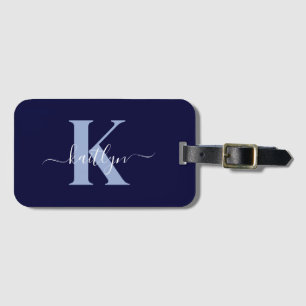 Moderne Navy Blauwe Script Monogram Bagagelabel