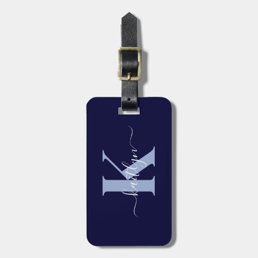 Moderne Navy Blauwe Script Monogram Bagagelabel (Voorkant verticaal)