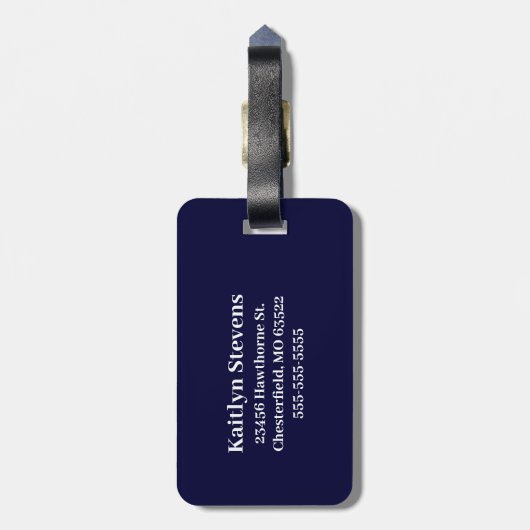 Moderne Navy Blauwe Script Monogram Bagagelabel (Achterkant verticaal)