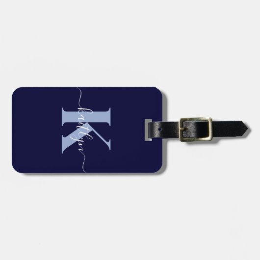 Moderne Navy Blauwe Script Monogram Bagagelabel (Voorkant horizontaal)