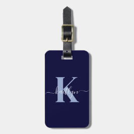 Moderne Navy Blauwe Script Monogram Bagagelabel