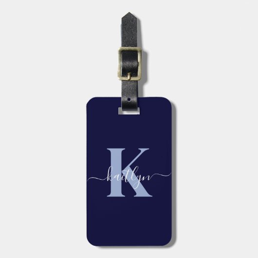 Moderne Navy Blauwe Script Monogram Bagagelabel (Voorkant verticaal)