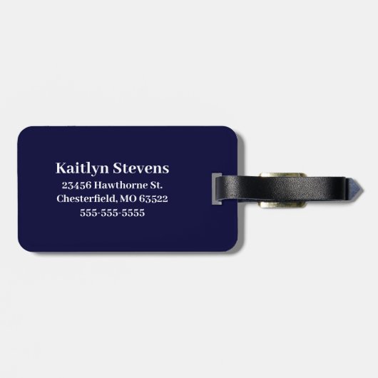 Moderne Navy Blauwe Script Monogram Bagagelabel (Achterkant horizontaal)