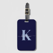 Moderne Navy Blauwe Script Monogram Bagagelabel (Voorkant (verticaal))