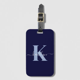 Moderne Navy Blauwe Script Monogram Bagagelabel