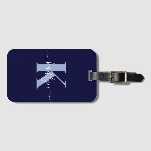 Moderne Navy Blauwe Script Monogram Bagagelabel (Voorkant (horizontaal))