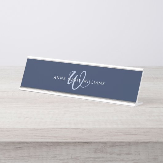 Moderne Navy Blauwe Script Monogram Bureau Naambordje (Voorkant)