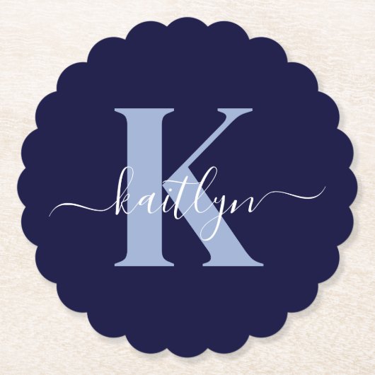 Moderne Navy Blauwe Script Monogram Kartonnen Onderzetters (Voorkant)