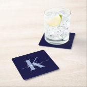 Moderne Navy Blauwe Script Monogram Kartonnen Onderzetters (Insitu)