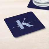 Moderne Navy Blauwe Script Monogram Kartonnen Onderzetters (Schuin)