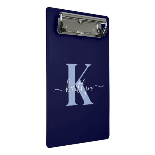 Moderne Navy Blauwe Script Monogram Mini Klembord (Schuin)