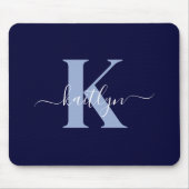 Moderne Navy Blauwe Script Monogram Muismat (Voorkant)