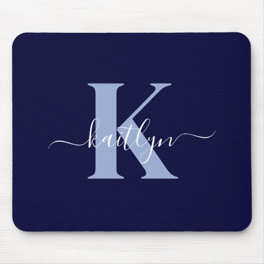 Moderne Navy Blauwe Script Monogram Muismat (Voorkant)