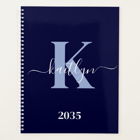 Moderne Navy Blauwe Script Monogram Planner (Voorkant)