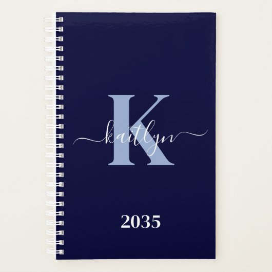 Moderne Navy Blauwe Script Monogram Planner (Voorkant)
