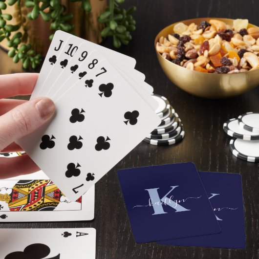 Moderne Navy Blauwe Script Monogram Pokerkaarten (Insitu)
