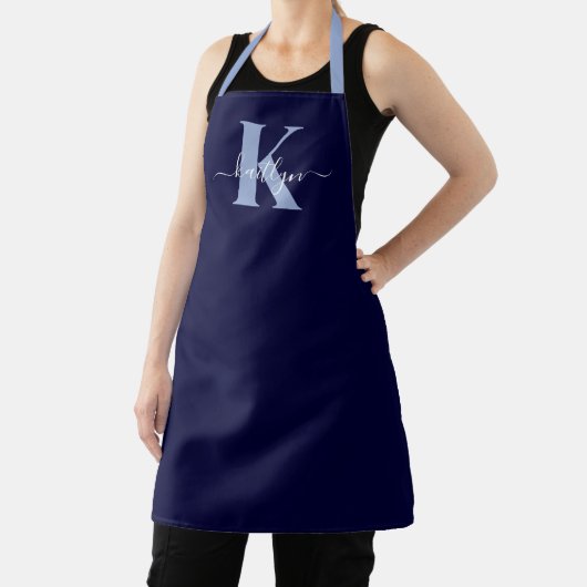 Moderne Navy Blauwe Script Monogram Schort (Insitu)