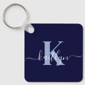 Moderne Navy Blauwe Script Monogram Sleutelhanger (Voorkant)