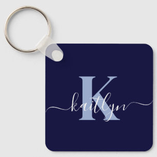 Moderne Navy Blauwe Script Monogram Sleutelhanger