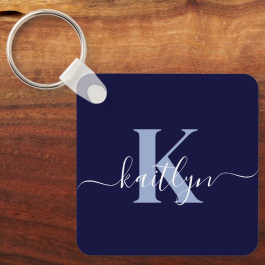 Moderne Navy Blauwe Script Monogram Sleutelhanger (Voorkant)