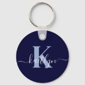Moderne Navy Blauwe Script Monogram Sleutelhanger (Voorkant)