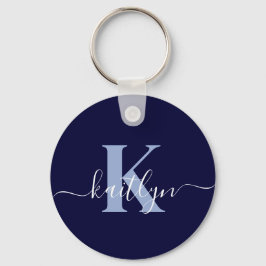 Moderne Navy Blauwe Script Monogram Sleutelhanger