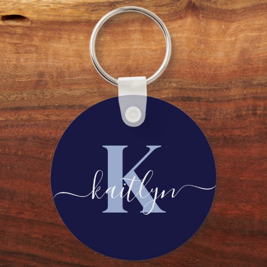 Moderne Navy Blauwe Script Monogram Sleutelhanger (Achterkant)