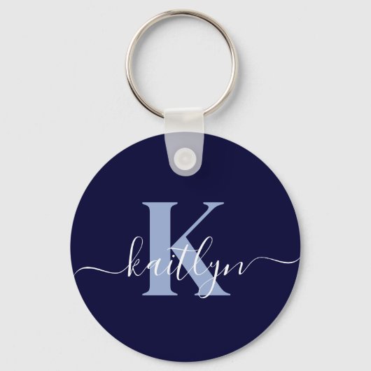 Moderne Navy Blauwe Script Monogram Sleutelhanger (Achterkant)