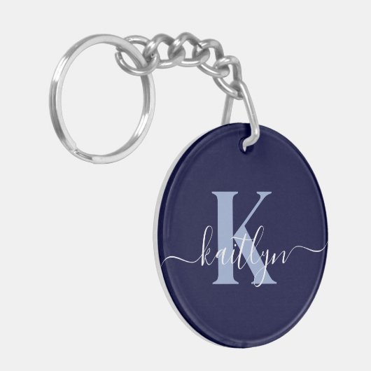 Moderne Navy Blauwe Script Monogram Sleutelhanger (Voorkant Links)