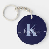 Moderne Navy Blauwe Script Monogram Sleutelhanger (Voorkant)