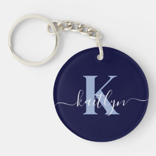 Moderne Navy Blauwe Script Monogram Sleutelhanger
