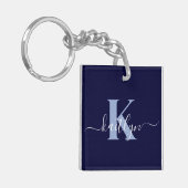 Moderne Navy Blauwe Script Monogram Sleutelhanger (Voorkant Links)