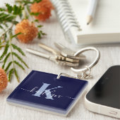 Moderne Navy Blauwe Script Monogram Sleutelhanger (Voorkant Rechts)